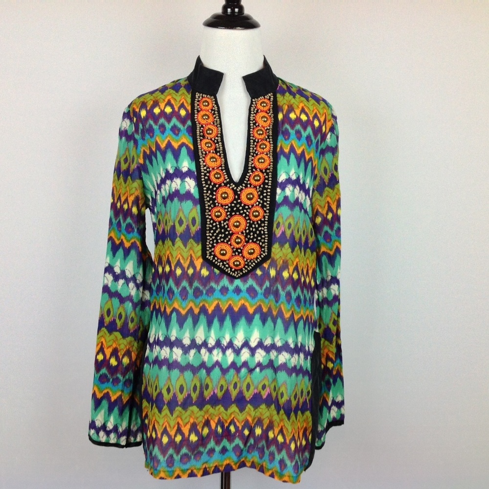 Single Top Womens Small Embellished Boho Silk Ikat